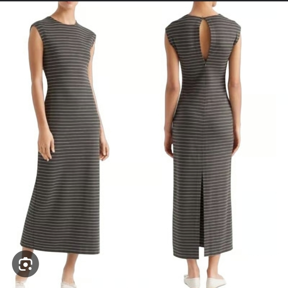 Club Monaco Form Fitting Bodycon Cap Sleeve Midi Striped Keyhole Dress